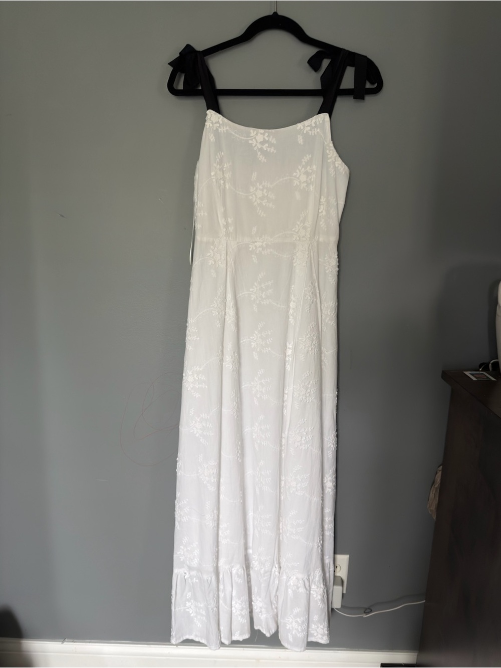 Gianni Bini White Floral Embroidered Maxi Dress with Black Tie Straps